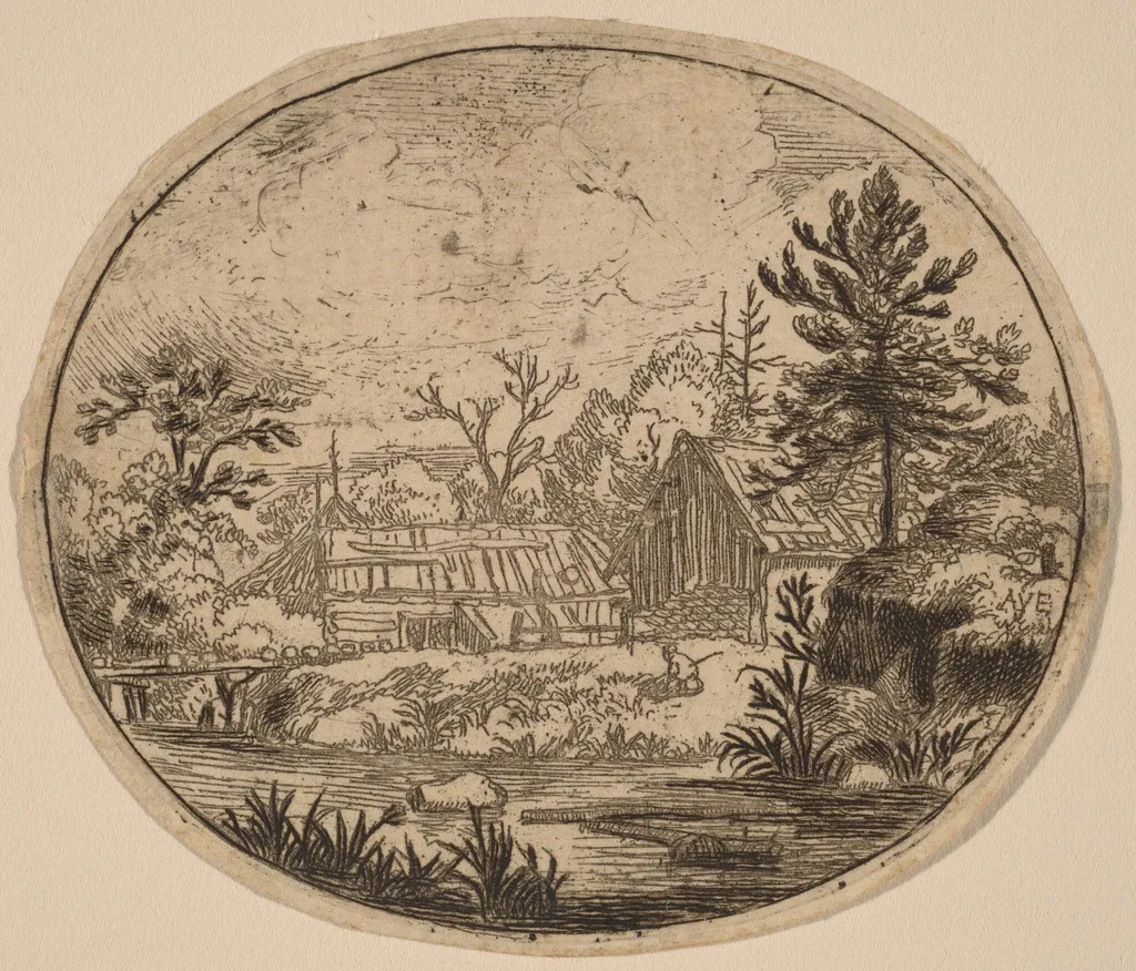 Hamlet at the Bank of a River, by Allart van Everdingen, ink, 1650