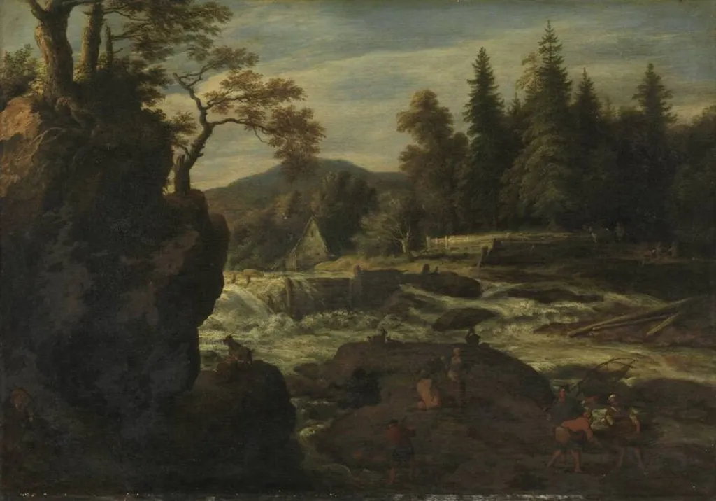 Landscape with waterfall, by Allart van Everdingen, oil, 1650