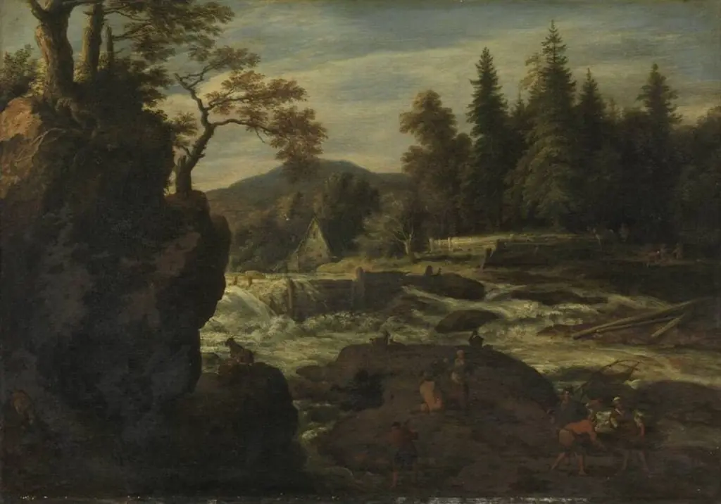 Landscape with waterfall, by Allart van Everdingen