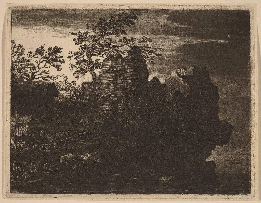 Large Rock at the River, by Allart van Everdingen, ink, 1650