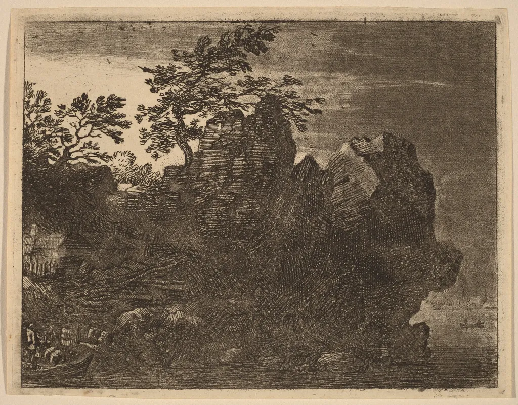 Large Rock at the River, by Allart van Everdingen, ink, 1650