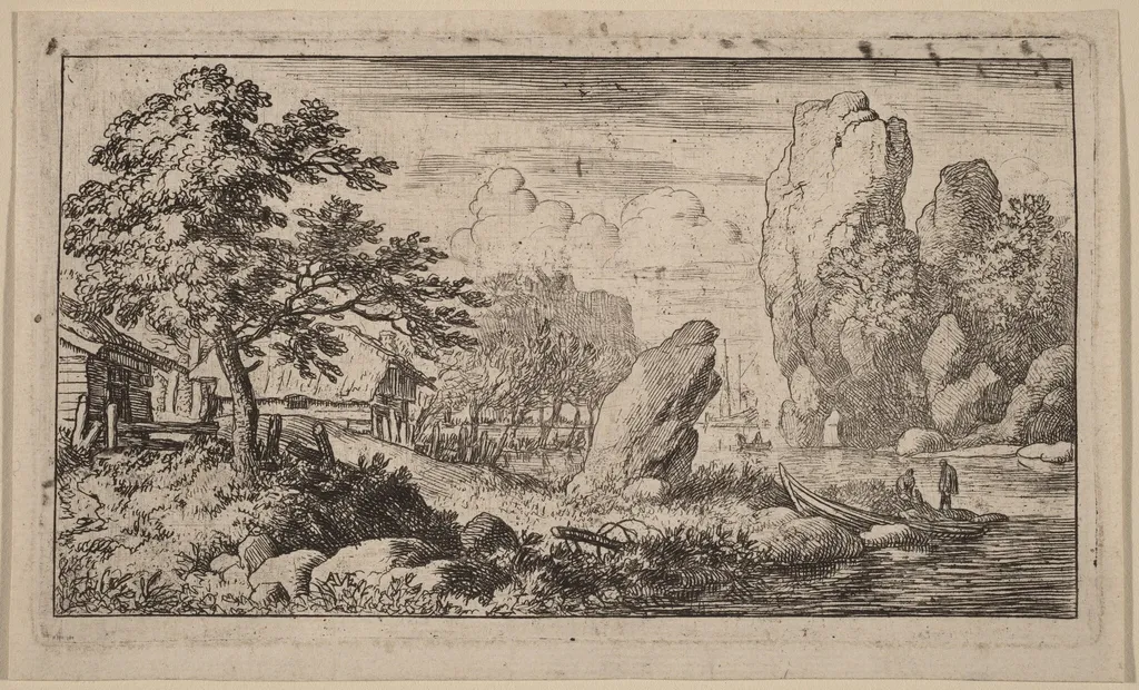 Pointed Boulder at the Bank of a River, by Allart van Everdingen, ink, 1650