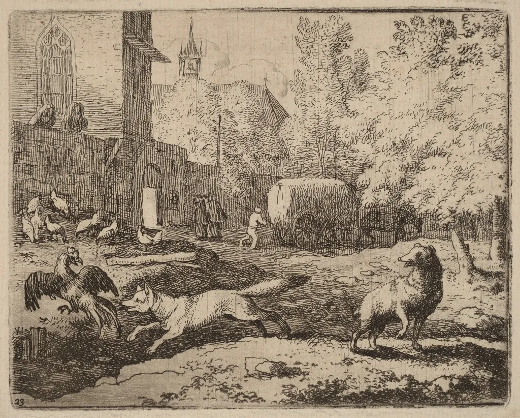 Reynard Attempts to Pilfer a Rooster, by Allart van Everdingen, ink, 1650