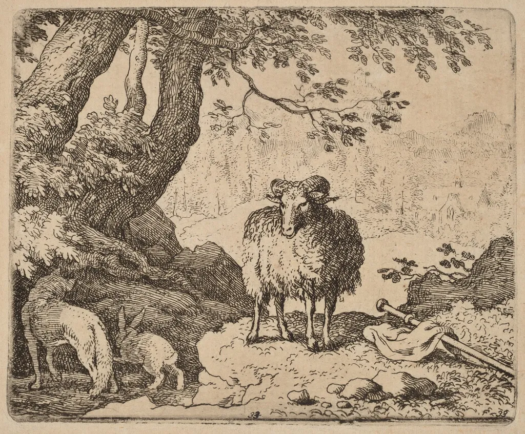 Reynard Returns Home, Accompanied by the Ram and the Rabbit, by Allart van Everdingen, ink, 1650