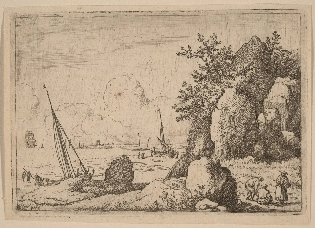 Seascape with Three Figures to the Right, by Allart van Everdingen, ink, 1650