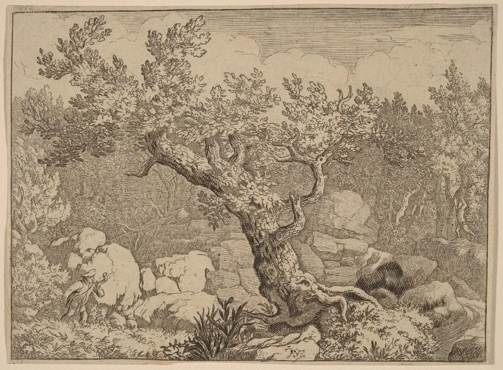 Sportsman near a Large Tree, by Allart van Everdingen, ink, 1650