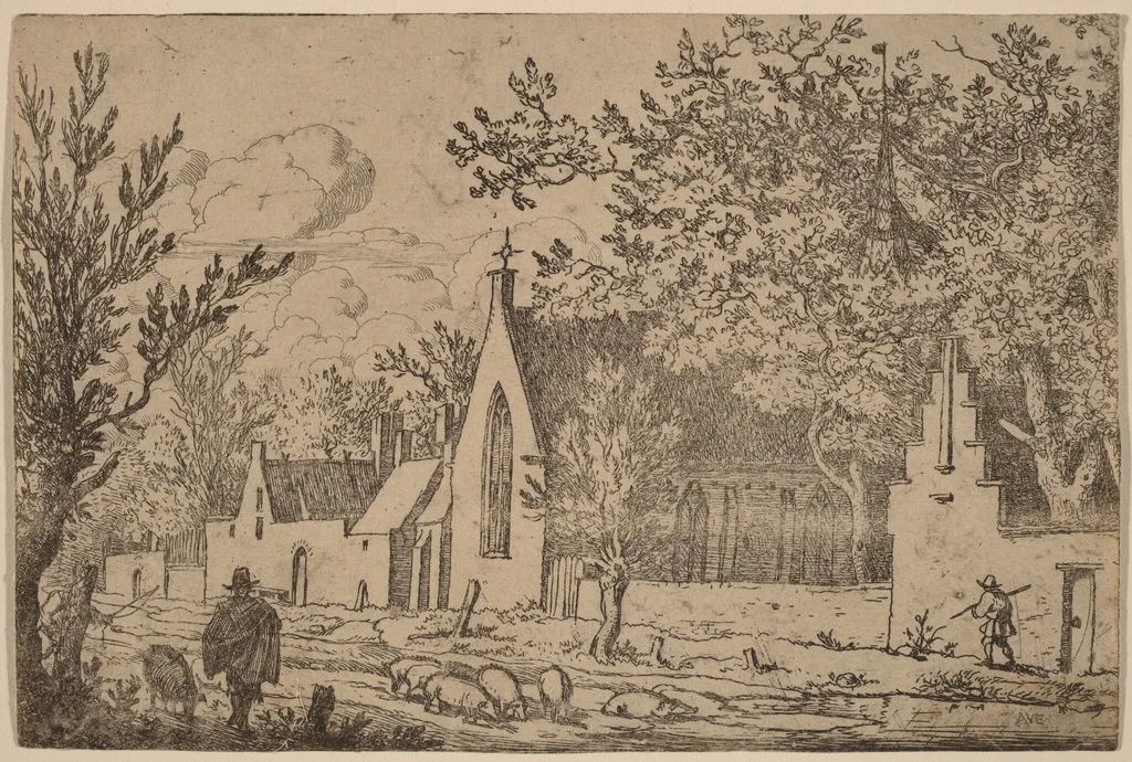 Swine Herd near a Chapel, by Allart van Everdingen, ink, 1650