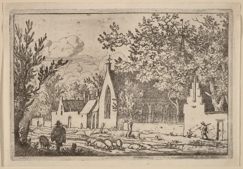 Swine Herd near a Chapel, by Allart van Everdingen, ink, 1650