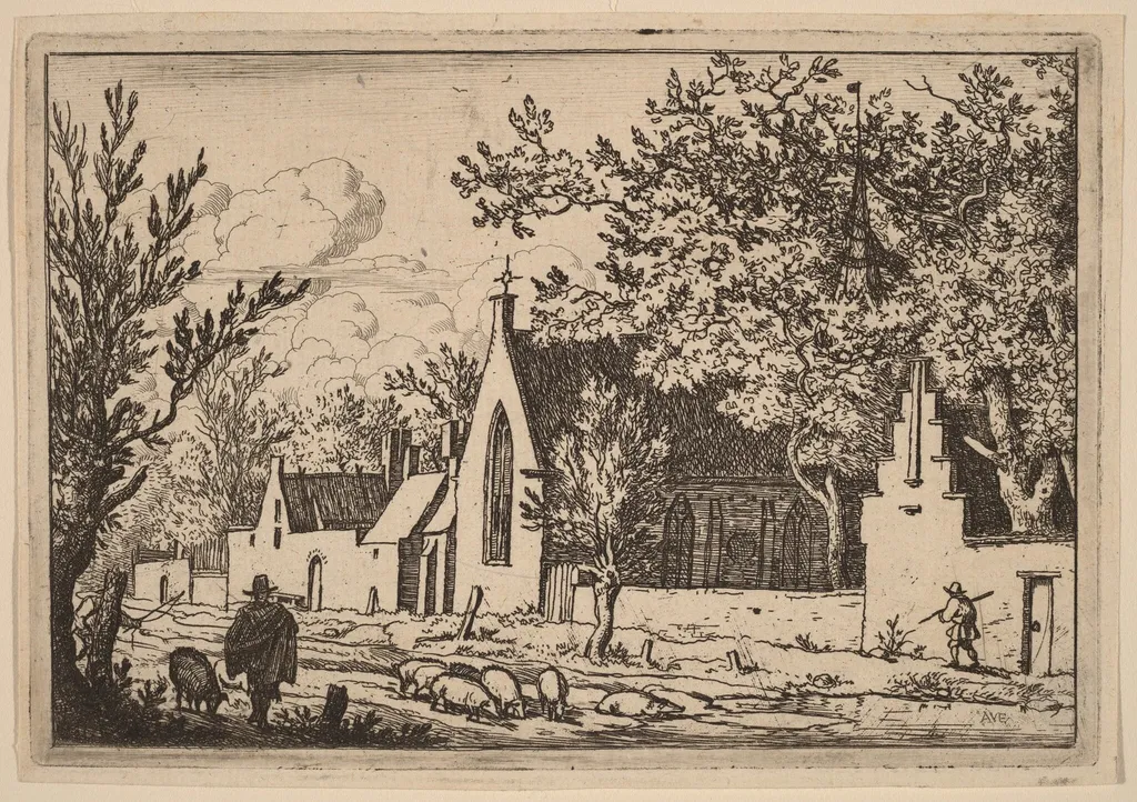 Swine Herd near a Chapel, by Allart van Everdingen, ink, 1650