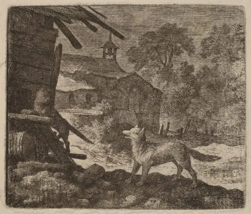 The Cat Enters the Barn as Reynard Looks On, by Allart van Everdingen