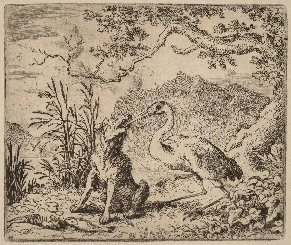 The Wolf and the Crane, by Allart van Everdingen, ink, 1650