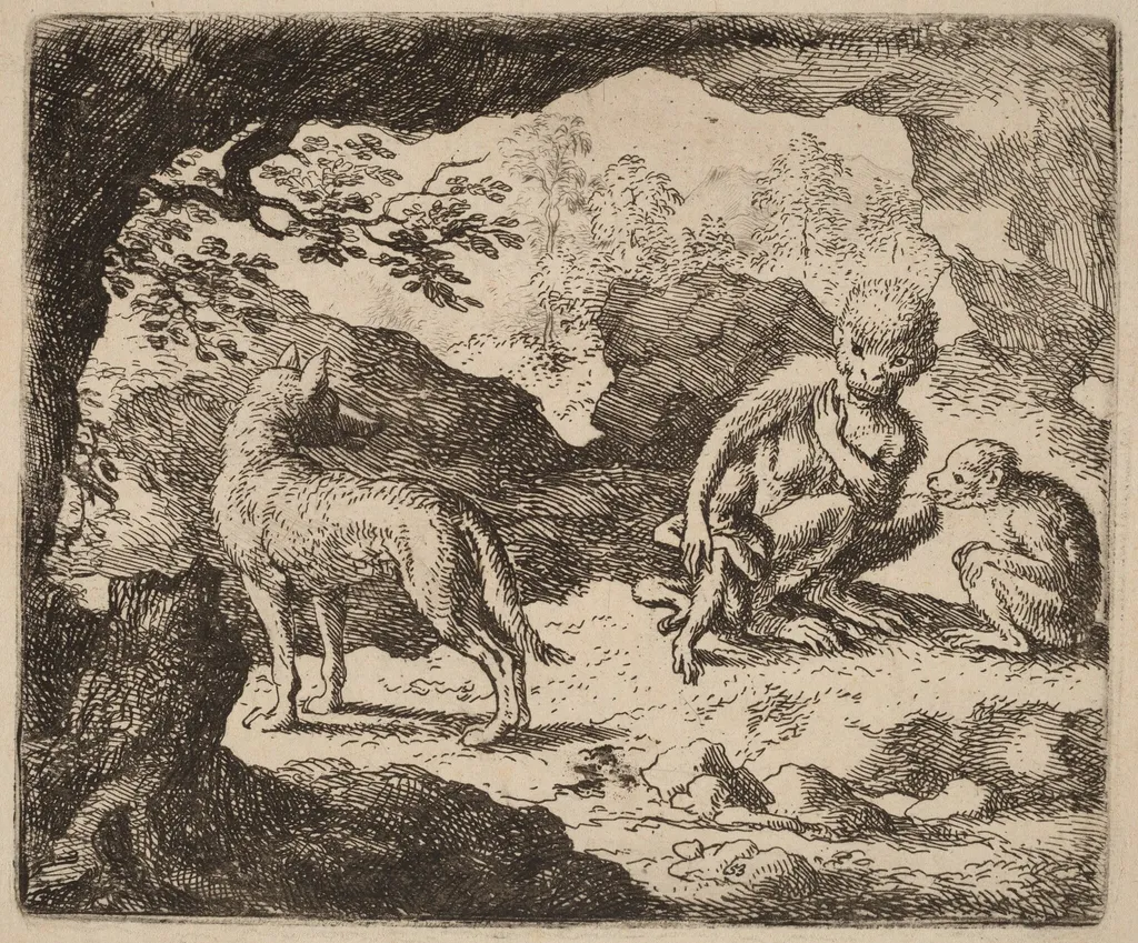 The Wolf and the Monkeys, by Allart van Everdingen, ink, 1650