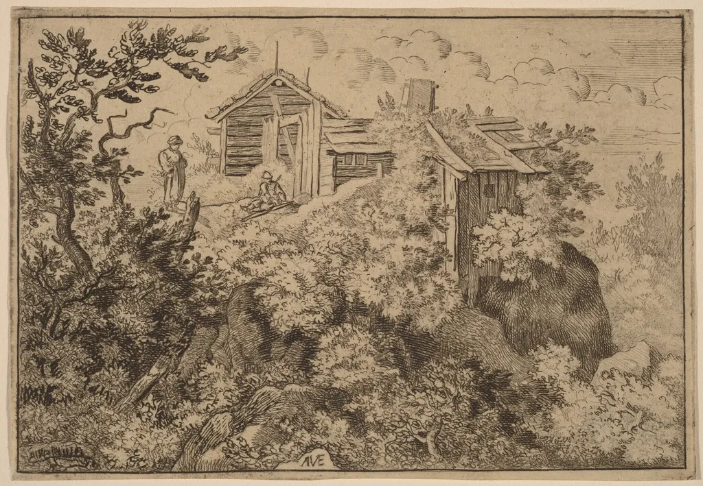 Three Cottages on a Rock, by Allart van Everdingen, ink, 1650