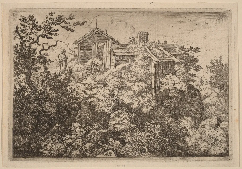 Three Cottages on a Rock, by Allart van Everdingen, ink, 1650