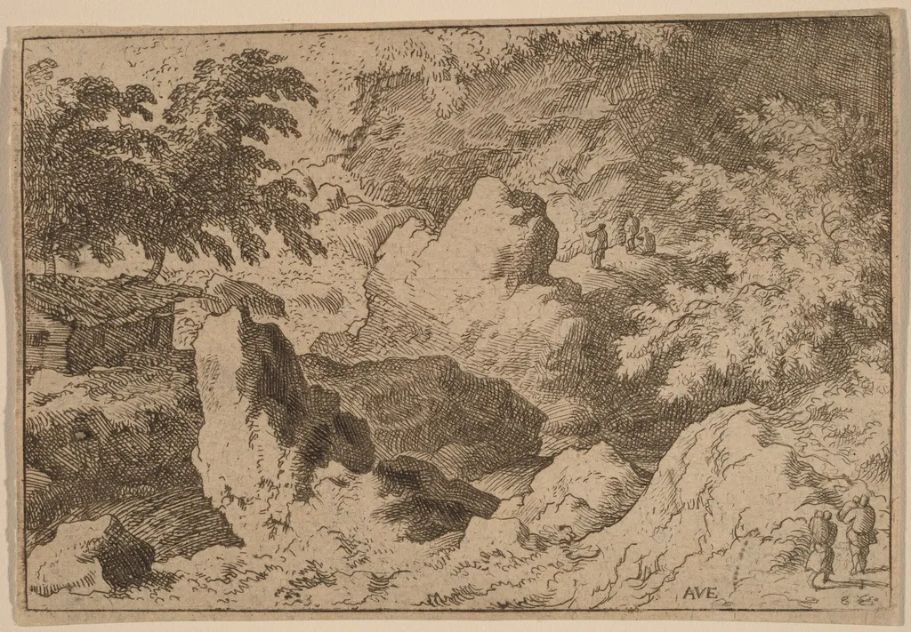 Three Men on a Rock, by Allart van Everdingen, ink, 1650