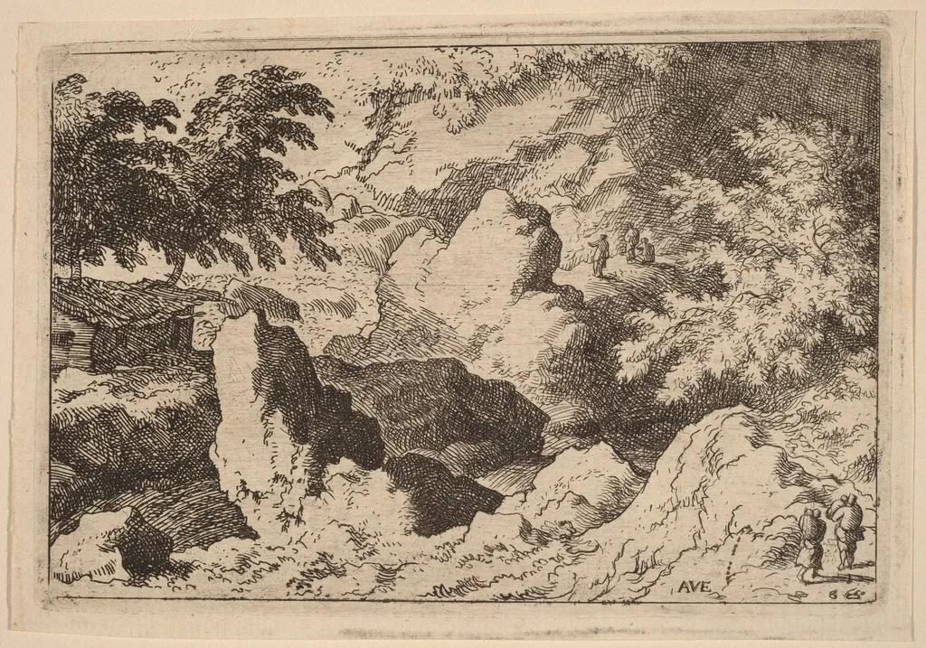 Three Men on a Rock, by Allart van Everdingen, ink, 1650