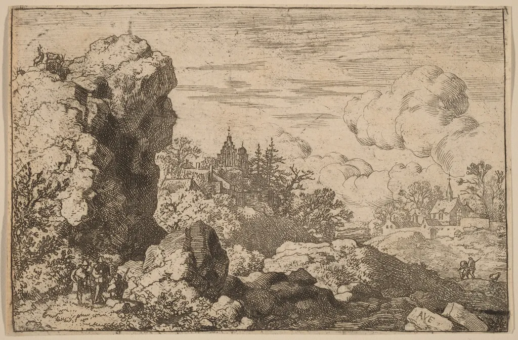 Three Travelers at the Foot of a High Rock, by Allart van Everdingen, ink, 1650