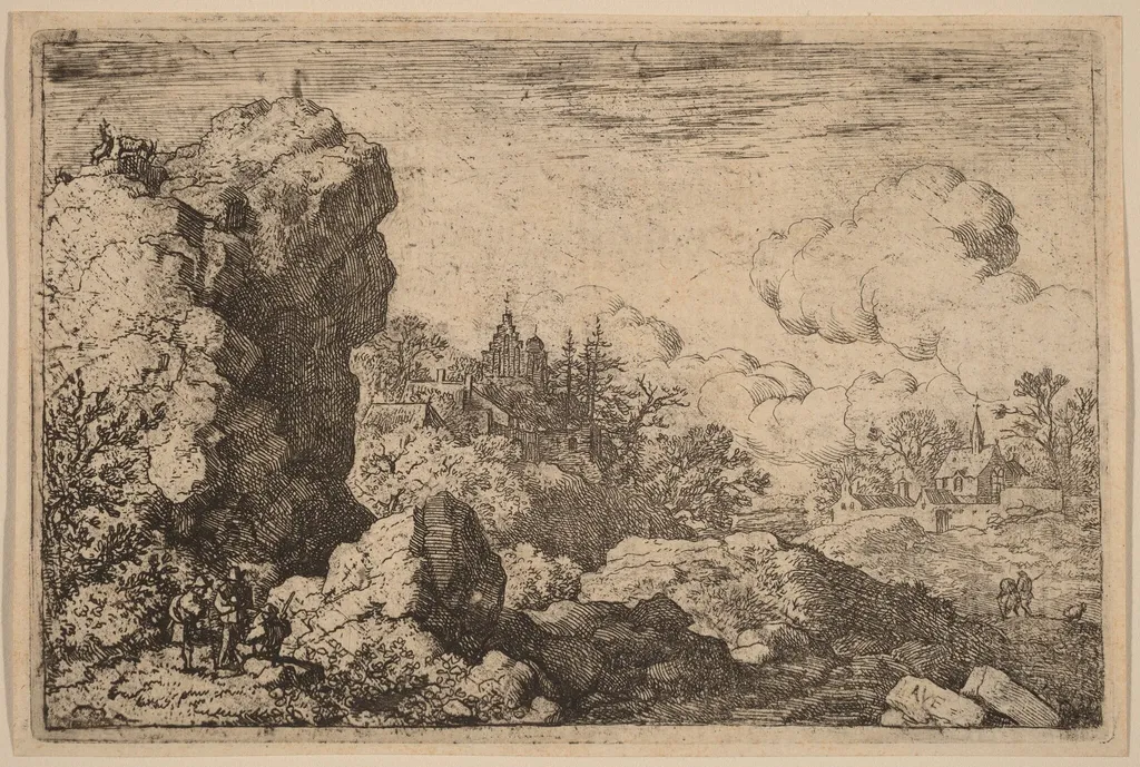 Three Travelers at the Foot of a High Rock, by Allart van Everdingen, ink, 1650