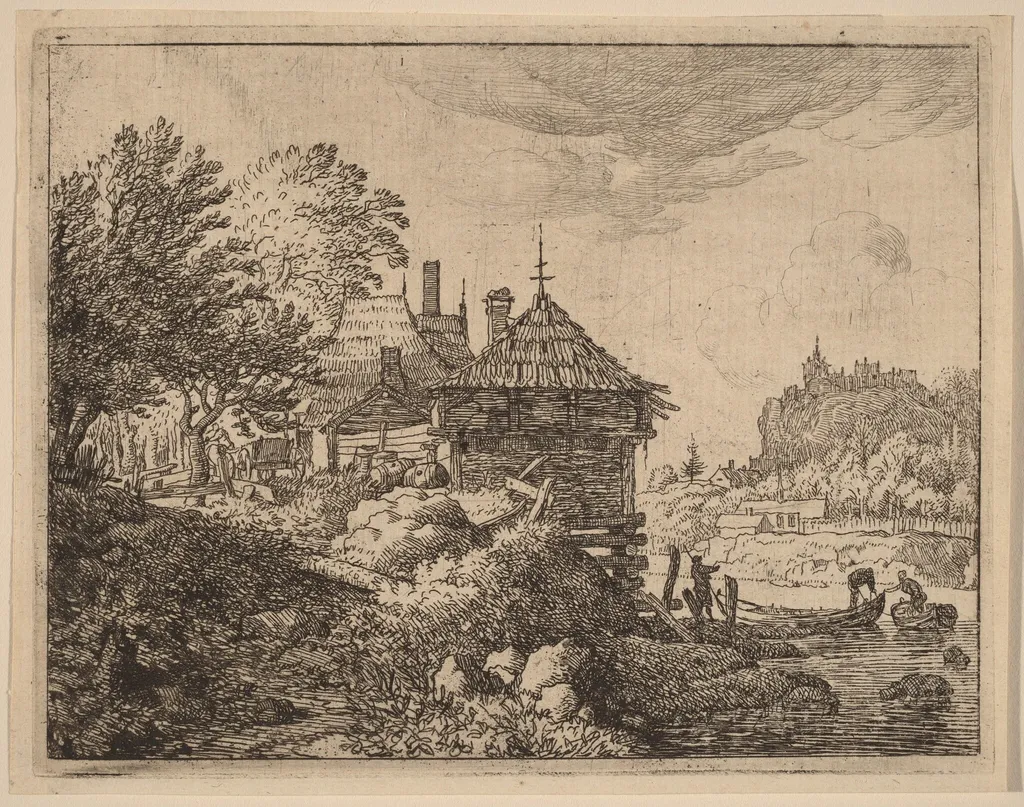 Two Boats Approaching a Hut, by Allart van Everdingen, ink, 1650