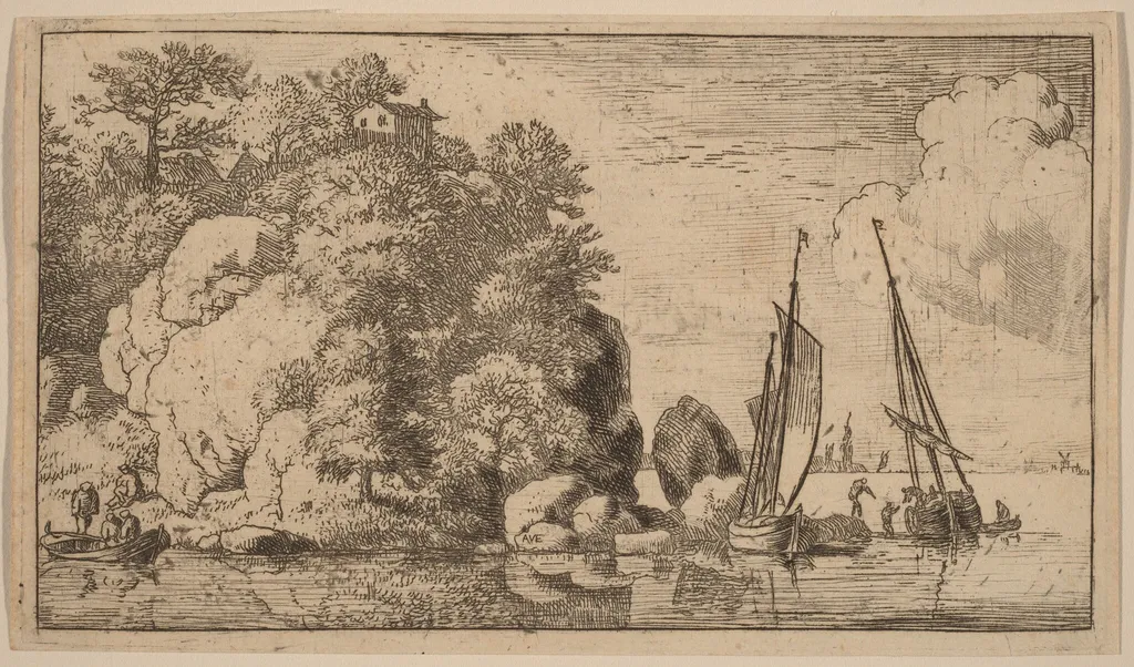 Two Boats on a Wide River, by Allart van Everdingen, ink, 1650
