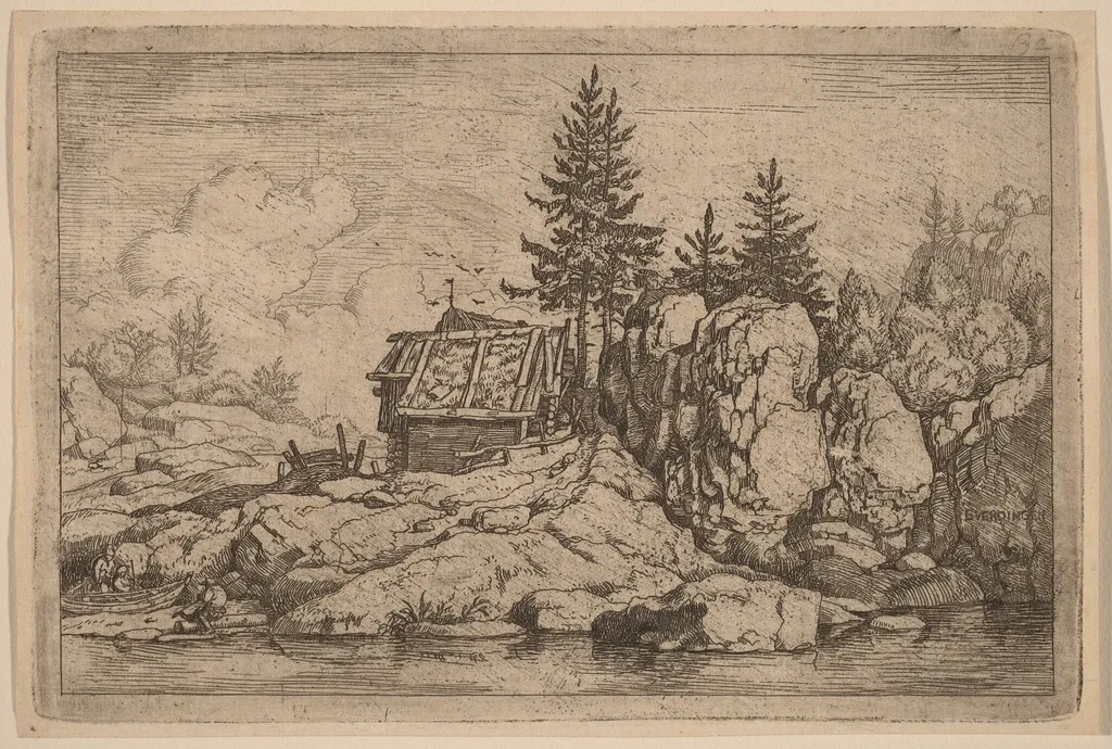 Two Fir Trees near Cottages, by Allart van Everdingen, ink, 1650