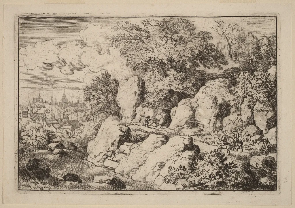 Two Horsemen on a Rocky Path, by Allart van Everdingen, ink, 1650
