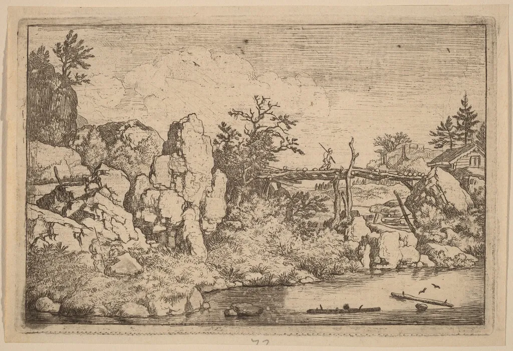 Two Logs in the Water, by Allart van Everdingen, ink, 1650