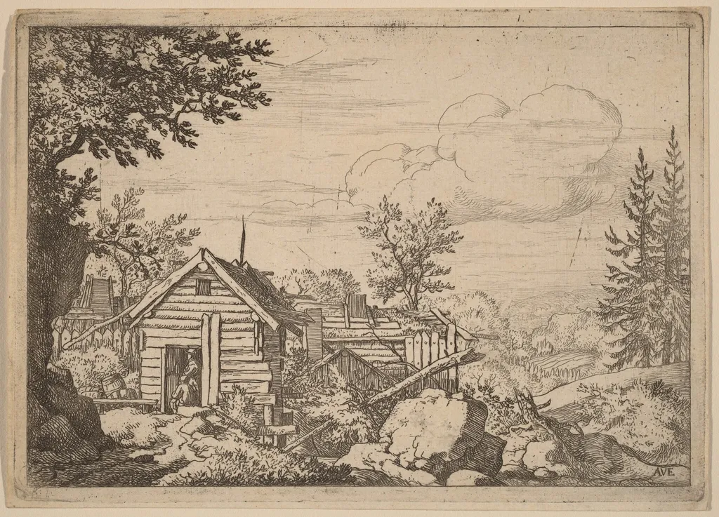 Two Men in the Doorway of a Hut, by Allart van Everdingen, ink, 1650