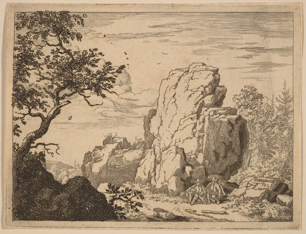 Two Men Seated at the Foot of a High Rock, by Allart van Everdingen, ink, 1650
