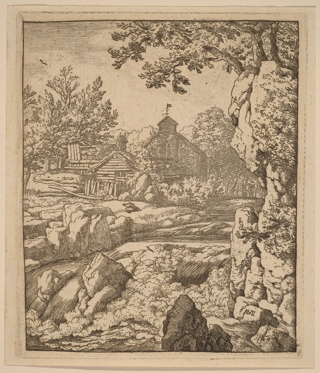 Waterfall, by Allart van Everdingen, ink, 1650