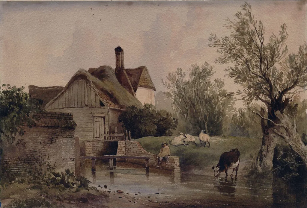 Landscape with a cottage, by Allen, watercolor, 1803