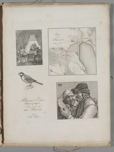 Art of the Lithograph: Four Engraving Samples, War Tent, Map of Toni, Bird, Dutch Farmer and Woman, by Alois Senefelder