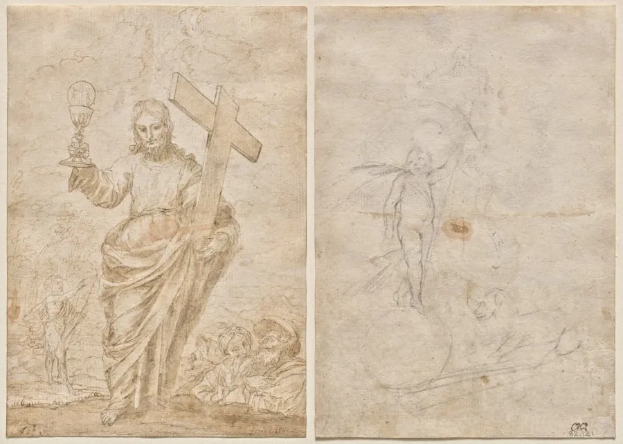 Christ Holding a Chalice and Cross (recto); Resurrected Christ and Lamb of God (verso), by Alonso Cano, 1666