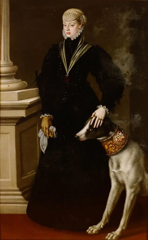 Dona Juana (1535-1573), Prinzessin von Portugal, ganzfiguriges Bildnis im Alter von 22 Jahren mit einer Dogge, by Alonso Sánchez Coello