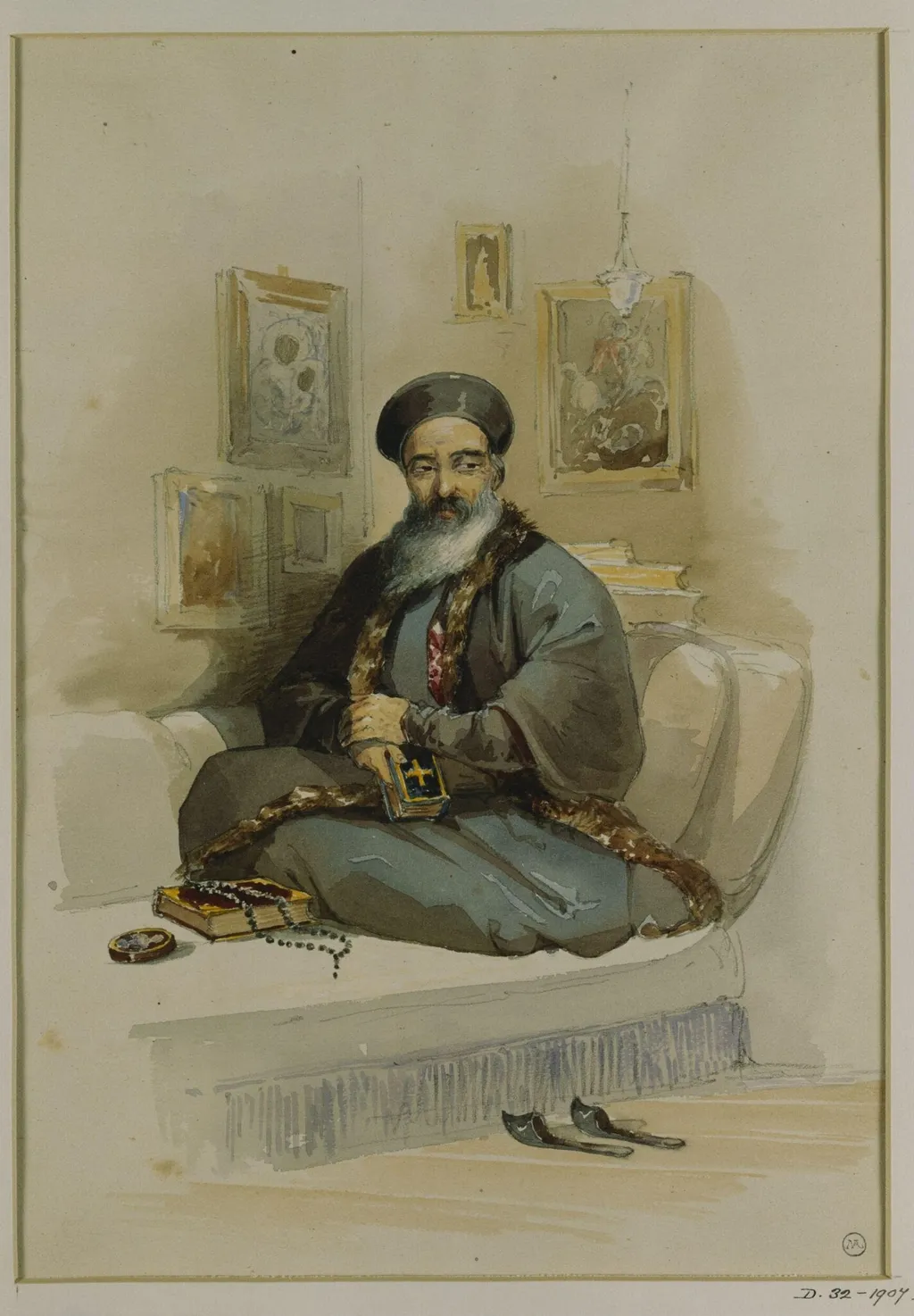 A Greek Priest, by Aloysius Rosarius Amadeus Raymondus Andreas Preziosi, watercolor, 1843