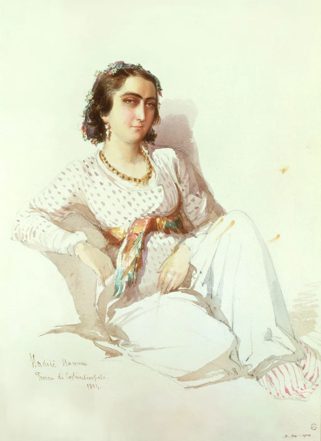 Portrait of Âdile Hanim, a Turkish woman from Constantinople, by Aloysius Rosarius Amadeus Raymondus Andreas Preziosi, watercolor, 1854