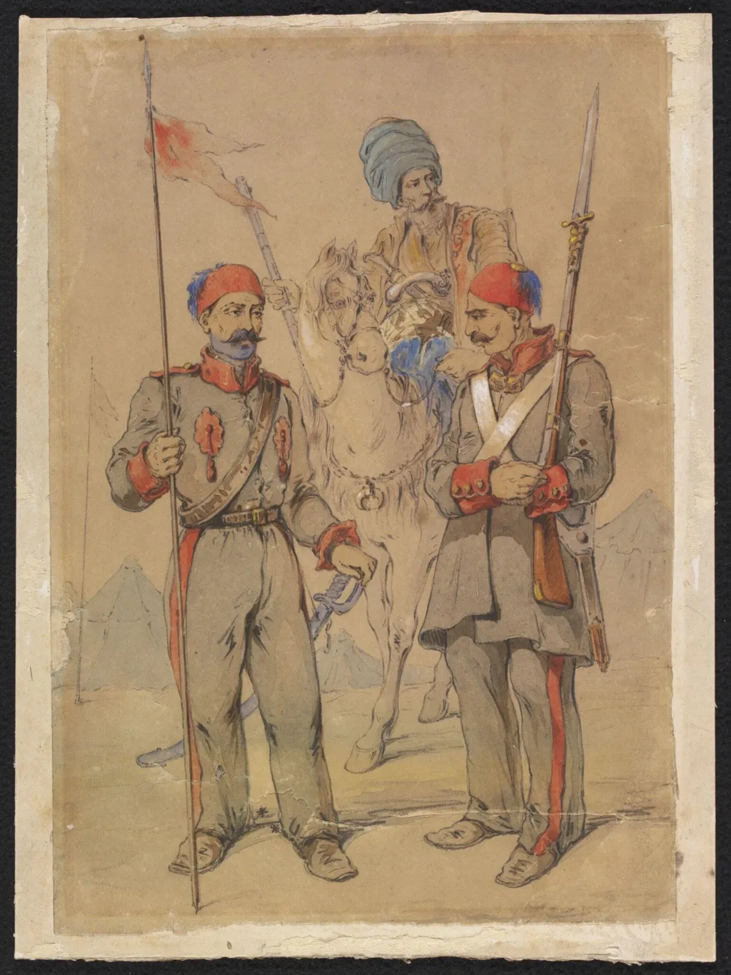 Turkish Soldiers in Summer uniform, by Aloysius Rosarius Amadeus Raymondus Andreas Preziosi, watercolor, 1855
