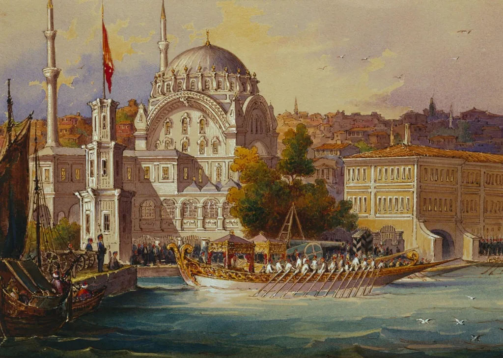 View of the Sultan's Barge in front of the Nusretiye Camii, by Aloysius Rosarius Amadeus Raymondus Andreas Preziosi, watercolor, 1846
