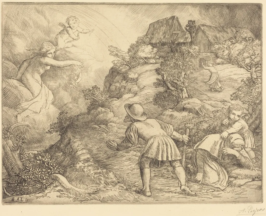Allegory of the Peasant and Fortune (Le paysan et la fortune: Sujet allegorique), by Alphonse Legros, ink, 1874