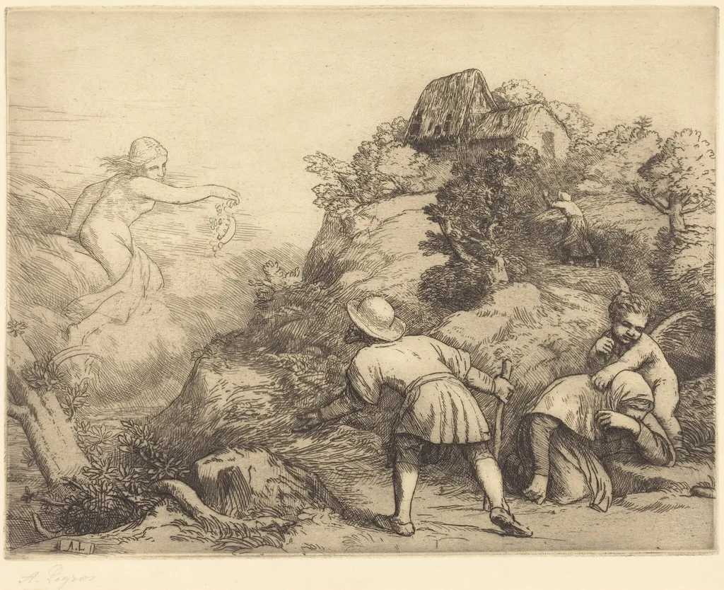 Allegory of the Peasant and Fortune (Le paysan et la fortune: Sujet allegorique, by Alphonse Legros, ink, 1874