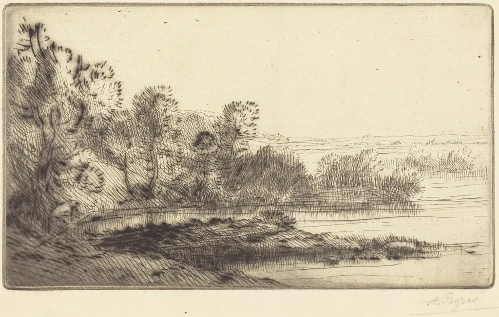 Along the Terne (Sur la terne), by Alphonse Legros, ink, 1874