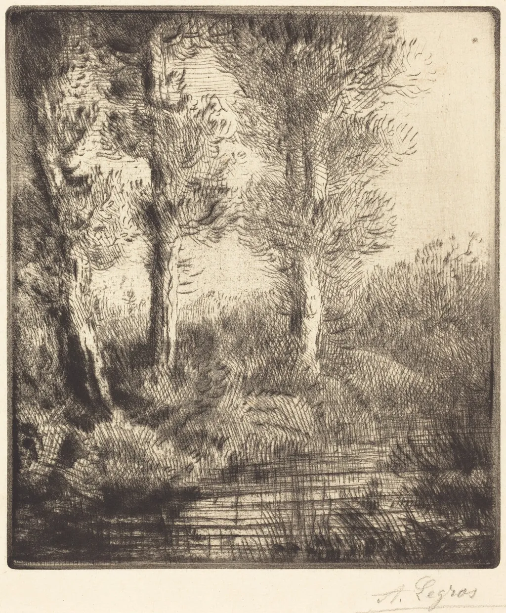 Banks of the Saint-Pre (Rive du Saint-Pre), by Alphonse Legros, ink, 1874