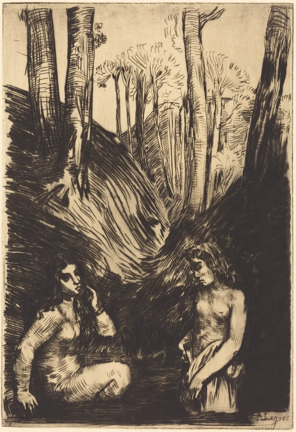 Bathers (Les baigneuses), by Alphonse Legros, ink, 1874