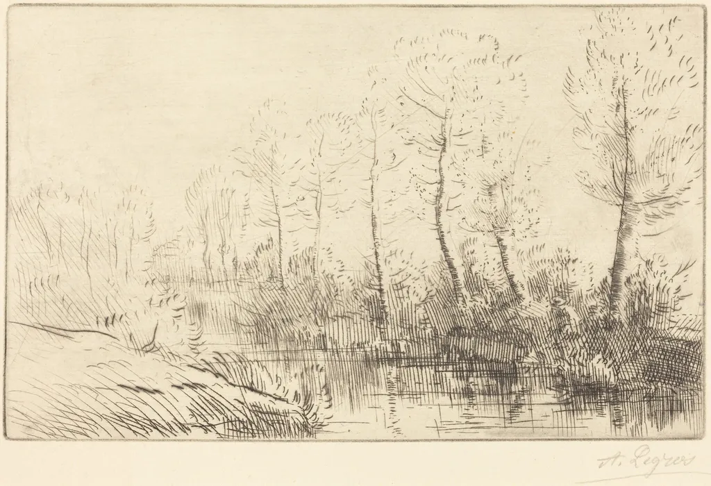 Birch Trees: Water's Edge Seen in Morning Light (Les bouleaux: Bord de l'eau, effet du matin, by Alphonse Legros, ink, 1874