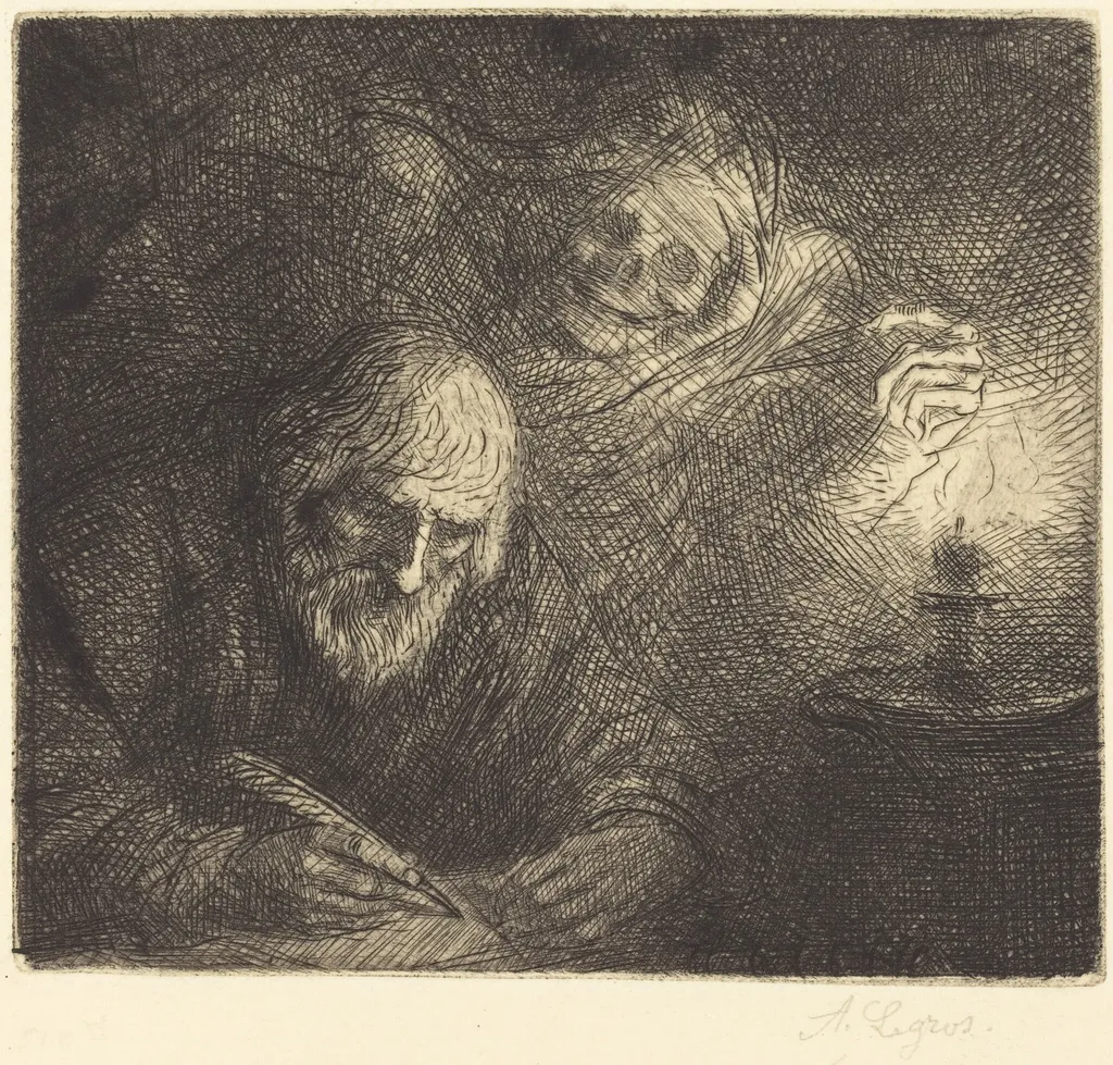 Death and the Philosopher (La mort et le philosophe), by Alphonse Legros, ink, 1874