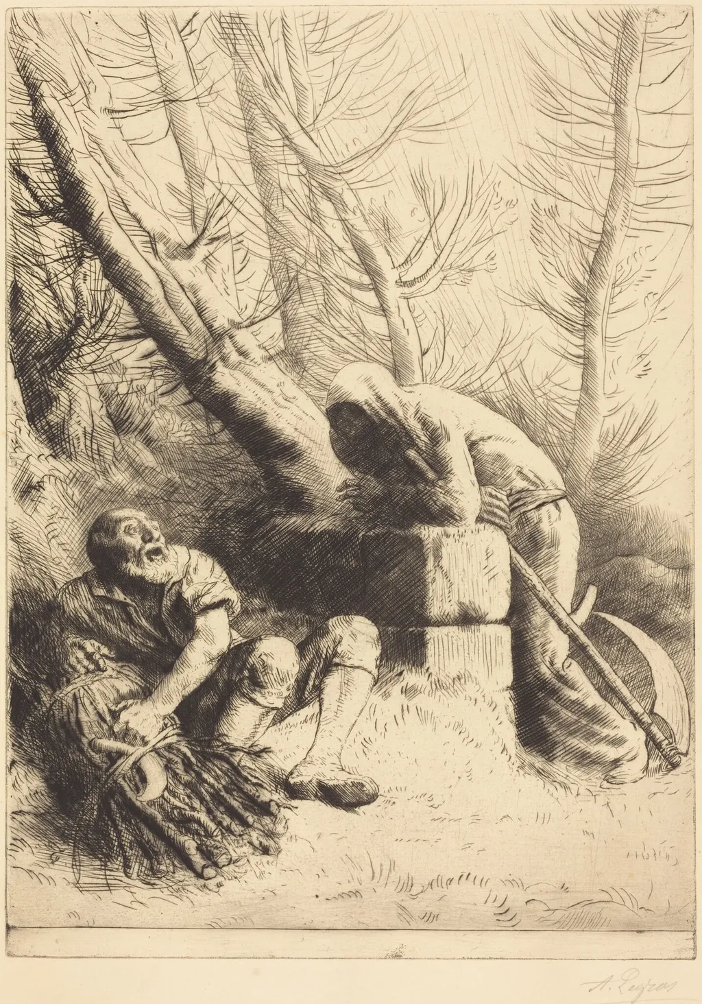 Death and the Woodcutter, 4th plate (La mort et le bucheron), by Alphonse Legros, ink, 1888