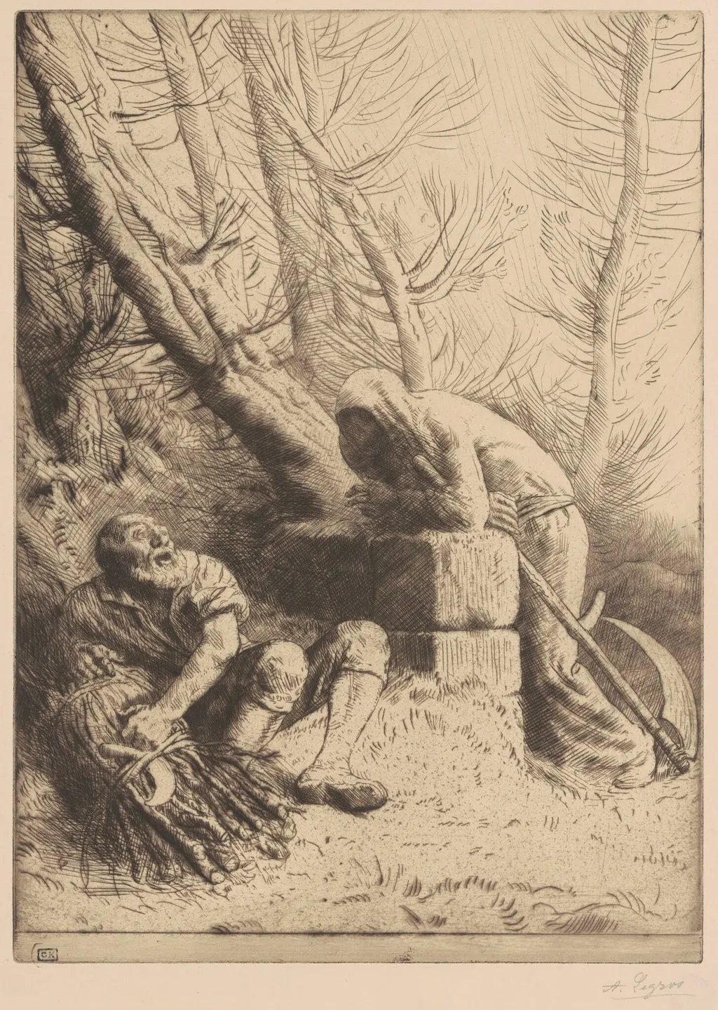 Death and the Woodcutter, 4th plate (La Mort et le bûcheron), by Alphonse Legros, ink, 1888