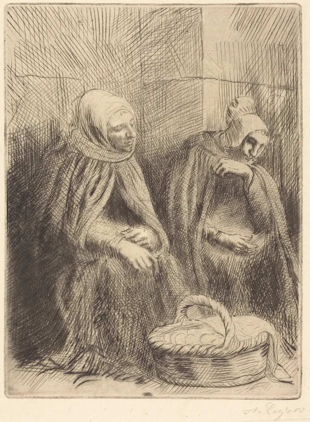 Egg-sellers, 1st plate (Les marchandes d'oeufs), by Alphonse Legros, ink, 1874