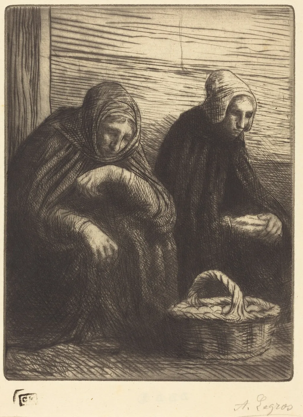 Egg-sellers, 2nd plate (Les marchandes d'oeufs), by Alphonse Legros, ink, 1874