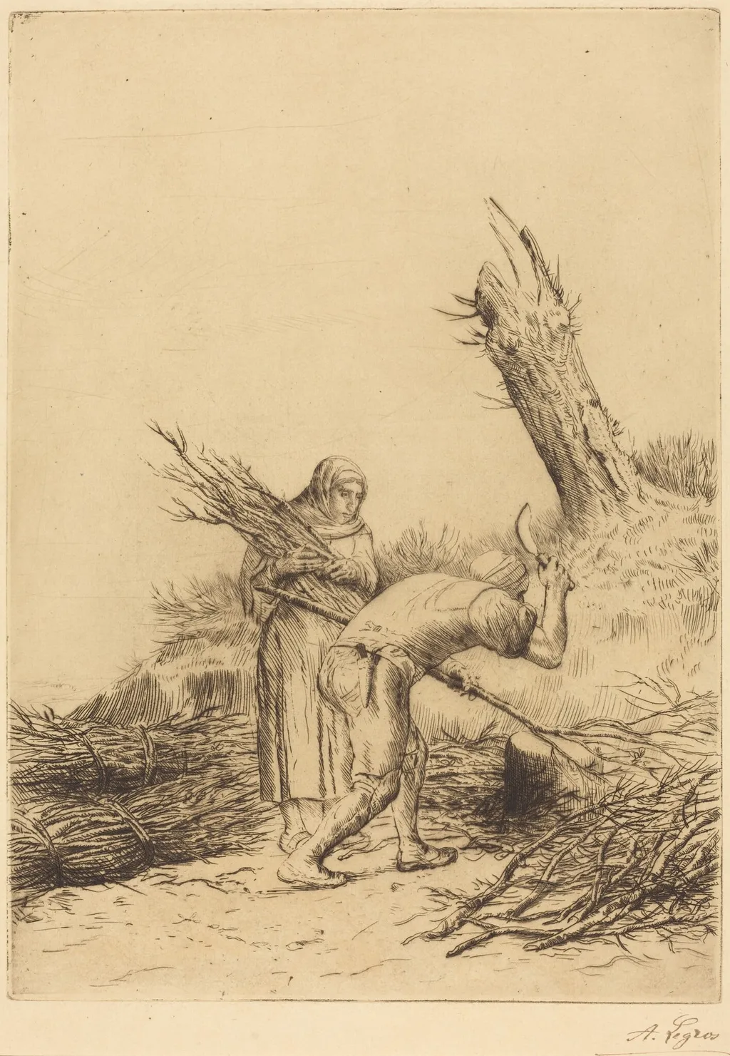 Fagot-makers (Les faiseurs de fagots), by Alphonse Legros, ink, 1874